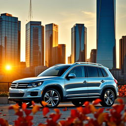 A stunning 2014 Volkswagen Tiguan R-Line showcased in a dazzling cityscape during the golden hour
