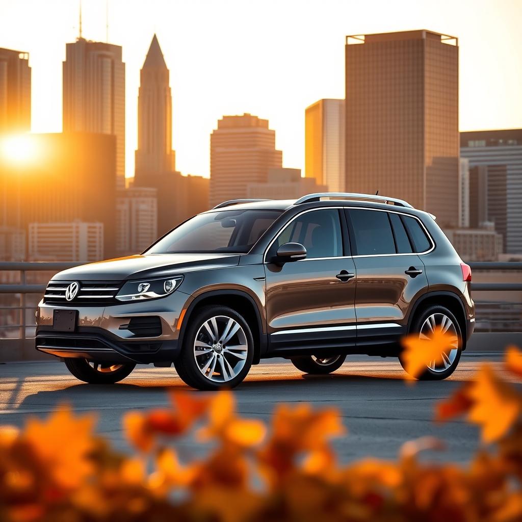 A stunning 2014 Volkswagen Tiguan R-Line showcased in a dazzling cityscape during the golden hour