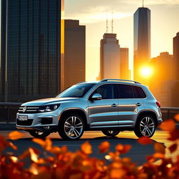 A stunning 2014 Volkswagen Tiguan R-Line showcased in a dazzling cityscape during the golden hour