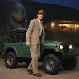 Change the image to depict Alan Grant returning to the brilliantly lit Visitor Center safely, stepping out of the Jurassic Park Jeep with a sigh of relief, crossing the threshold into the bustling facility.