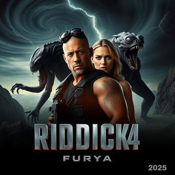 A captivating teaser poster for 'RIDDICK 4: Furya', featuring Vin Diesel as Riddick and Katee Sackhoff as a fierce companion