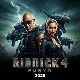 A captivating teaser poster for 'RIDDICK 4: Furya', featuring Vin Diesel as Riddick and Katee Sackhoff as a fierce companion