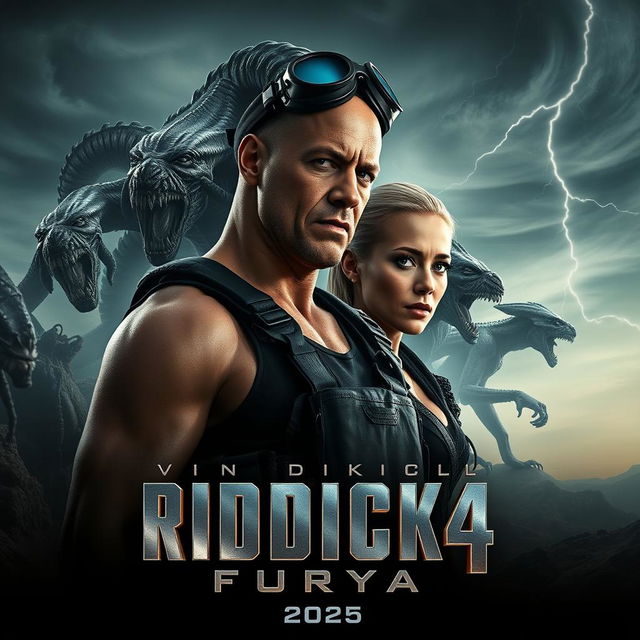 A captivating teaser poster for 'RIDDICK 4: Furya', featuring Vin Diesel as Riddick and Katee Sackhoff as a fierce companion