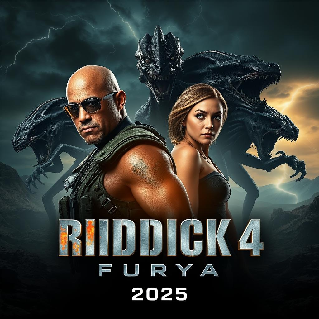 A captivating teaser poster for 'RIDDICK 4: Furya', featuring Vin Diesel as Riddick and Katee Sackhoff as a fierce companion