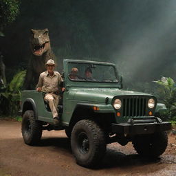 Change the image to depict Alan Grant returning to the brilliantly lit Visitor Center safely, stepping out of the Jurassic Park Jeep with a sigh of relief, crossing the threshold into the bustling facility.