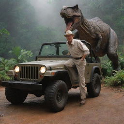 Change the image to depict Alan Grant returning to the brilliantly lit Visitor Center safely, stepping out of the Jurassic Park Jeep with a sigh of relief, crossing the threshold into the bustling facility.