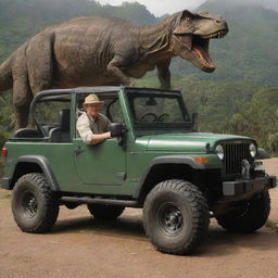 Change the image to depict Alan Grant returning to the brilliantly lit Visitor Center safely, stepping out of the Jurassic Park Jeep with a sigh of relief, crossing the threshold into the bustling facility.