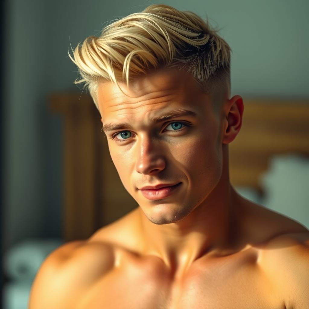 A striking image of a man with blonde hair, styled with the sides shaved and longer hair falling over his left eye