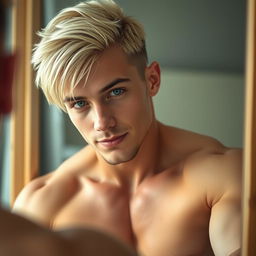 A striking image of a man with blonde hair, styled with the sides shaved and longer hair falling over his left eye