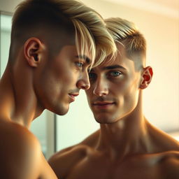 A striking image of a man with blonde hair, styled with the sides shaved and longer hair falling over his left eye