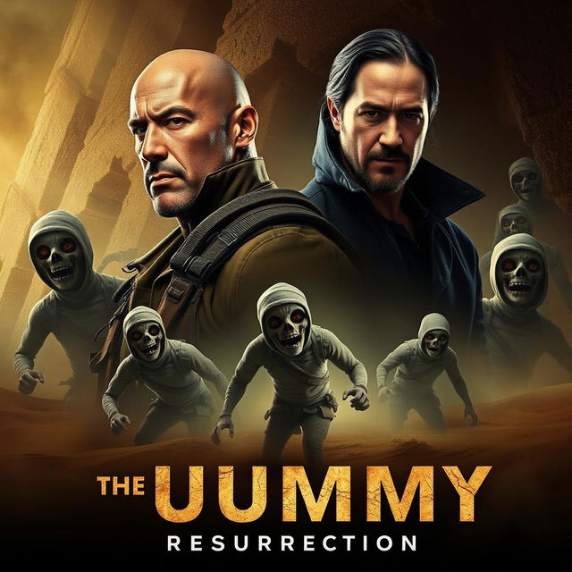 An electrifying teaser poster for 'The Mummy Resurrection', featuring Dwayne Johnson and Keanu Reeves in prominent roles