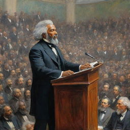 In the style of Claude Monet, paint Frederick Douglass delivering a powerful speech to a gathered crowd. Douglass stands as a dynamic focal point, the crowd's engaged expressions captured via impressionistic strokes, reflecting the speaker's commanding influence.