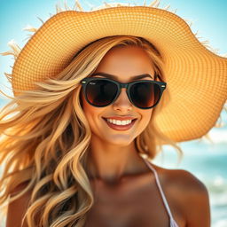 A striking portrait of a glamorous blonde woman with flowing, wavy hair adorned with natural beach waves, wearing a chic sun hat and stylish sunglasses