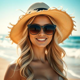 A striking portrait of a glamorous blonde woman with flowing, wavy hair adorned with natural beach waves, wearing a chic sun hat and stylish sunglasses