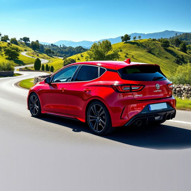 A sleek and sporty hot hatch car, featuring an aggressive design with a vibrant red exterior