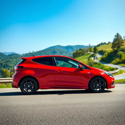 A sleek and sporty hot hatch car, featuring an aggressive design with a vibrant red exterior