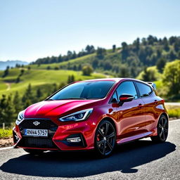 A sleek and sporty hot hatch car, featuring an aggressive design with a vibrant red exterior