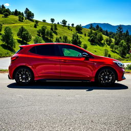 A sleek and sporty hot hatch car, featuring an aggressive design with a vibrant red exterior