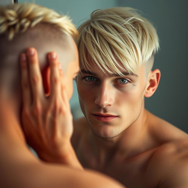 An engaging portrait of a blonde man with shaved sides, featuring a long fringe that falls over his left eye, cleverly hiding a scar that disrupts his eyebrow