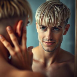 An engaging portrait of a blonde man with shaved sides, featuring a long fringe that falls over his left eye, cleverly hiding a scar that disrupts his eyebrow