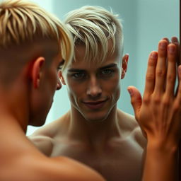 An engaging portrait of a blonde man with shaved sides, featuring a long fringe that falls over his left eye, cleverly hiding a scar that disrupts his eyebrow