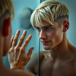 An engaging portrait of a blonde man with shaved sides, featuring a long fringe that falls over his left eye, cleverly hiding a scar that disrupts his eyebrow