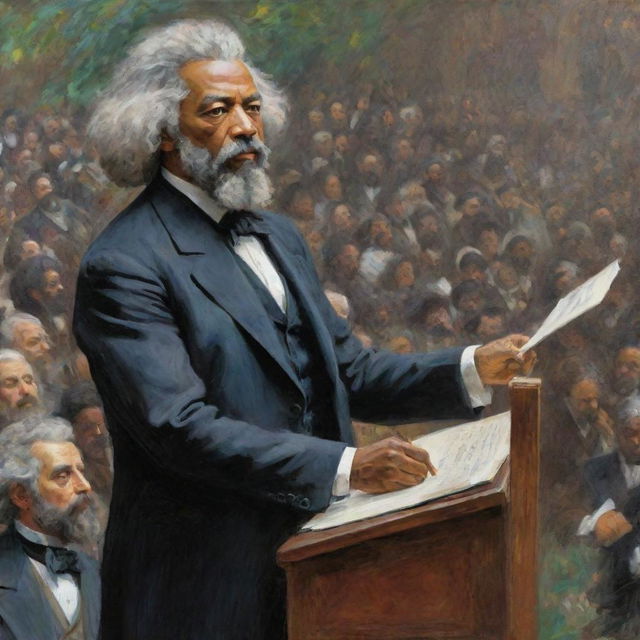 In the style of Claude Monet, paint Frederick Douglass delivering a powerful speech to a gathered crowd. Douglass stands as a dynamic focal point, the crowd's engaged expressions captured via impressionistic strokes, reflecting the speaker's commanding influence.