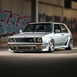 A modified VW Golf MK7 showcasing the front design elements of a BMW E30 M3
