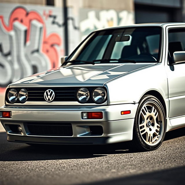 A modified VW Golf MK7 showcasing the front design elements of a BMW E30 M3