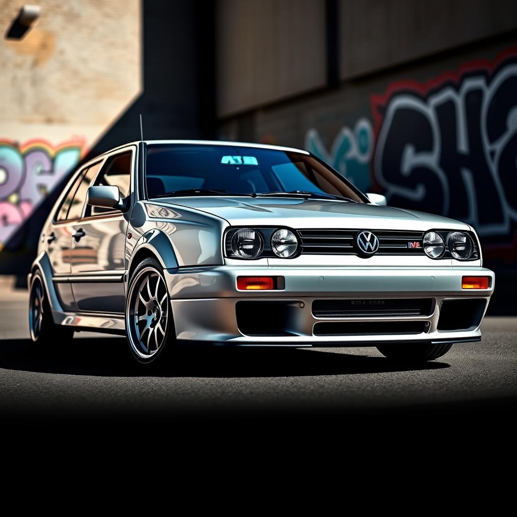 A modified VW Golf MK7 showcasing the front design elements of a BMW E30 M3