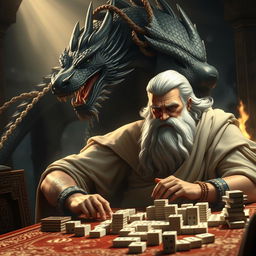 A majestic scene of Zeus, the Greek god, engaging in a game of mahjong