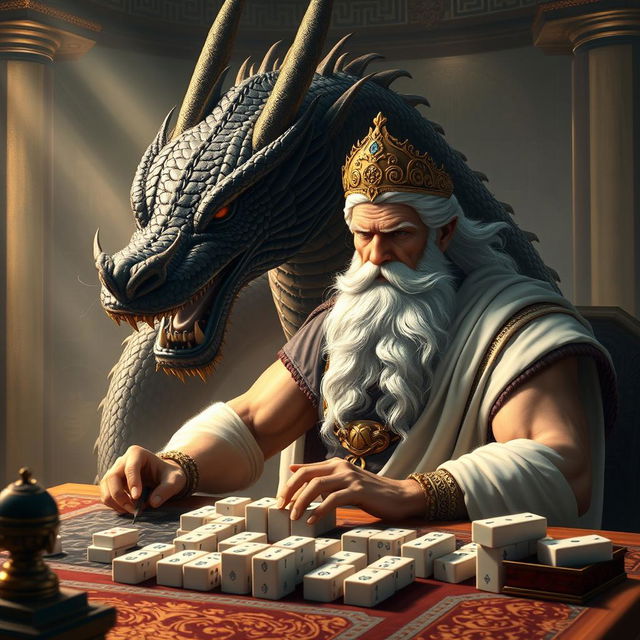 A majestic scene of Zeus, the Greek god, engaging in a game of mahjong