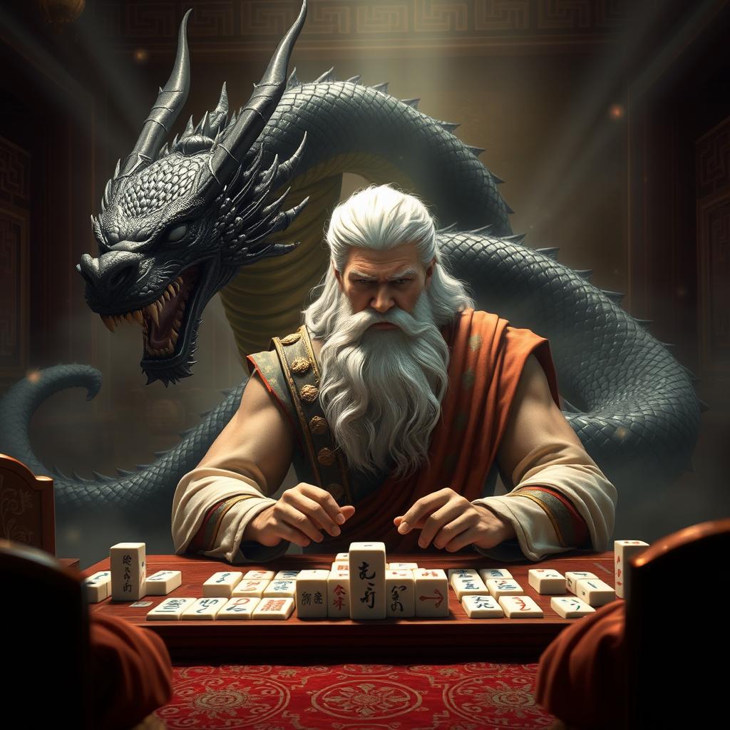 A majestic scene of Zeus, the Greek god, engaging in a game of mahjong