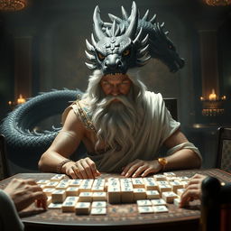 A majestic scene of Zeus, the Greek god, engaging in a game of mahjong