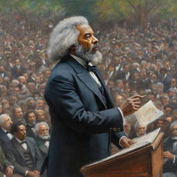 In the style of Claude Monet, paint Frederick Douglass delivering a powerful speech to a gathered crowd. Douglass stands as a dynamic focal point, the crowd's engaged expressions captured via impressionistic strokes, reflecting the speaker's commanding influence.