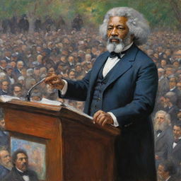 In the style of Claude Monet, paint Frederick Douglass delivering a powerful speech to a gathered crowd. Douglass stands as a dynamic focal point, the crowd's engaged expressions captured via impressionistic strokes, reflecting the speaker's commanding influence.