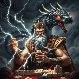 An epic scene of Zeus, the Greek god of thunder, summoning lightning with a thunderous expression as he prepares to play mahjong