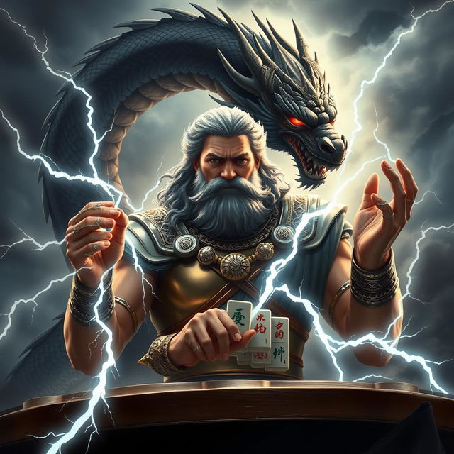 An epic scene of Zeus, the Greek god of thunder, summoning lightning with a thunderous expression as he prepares to play mahjong