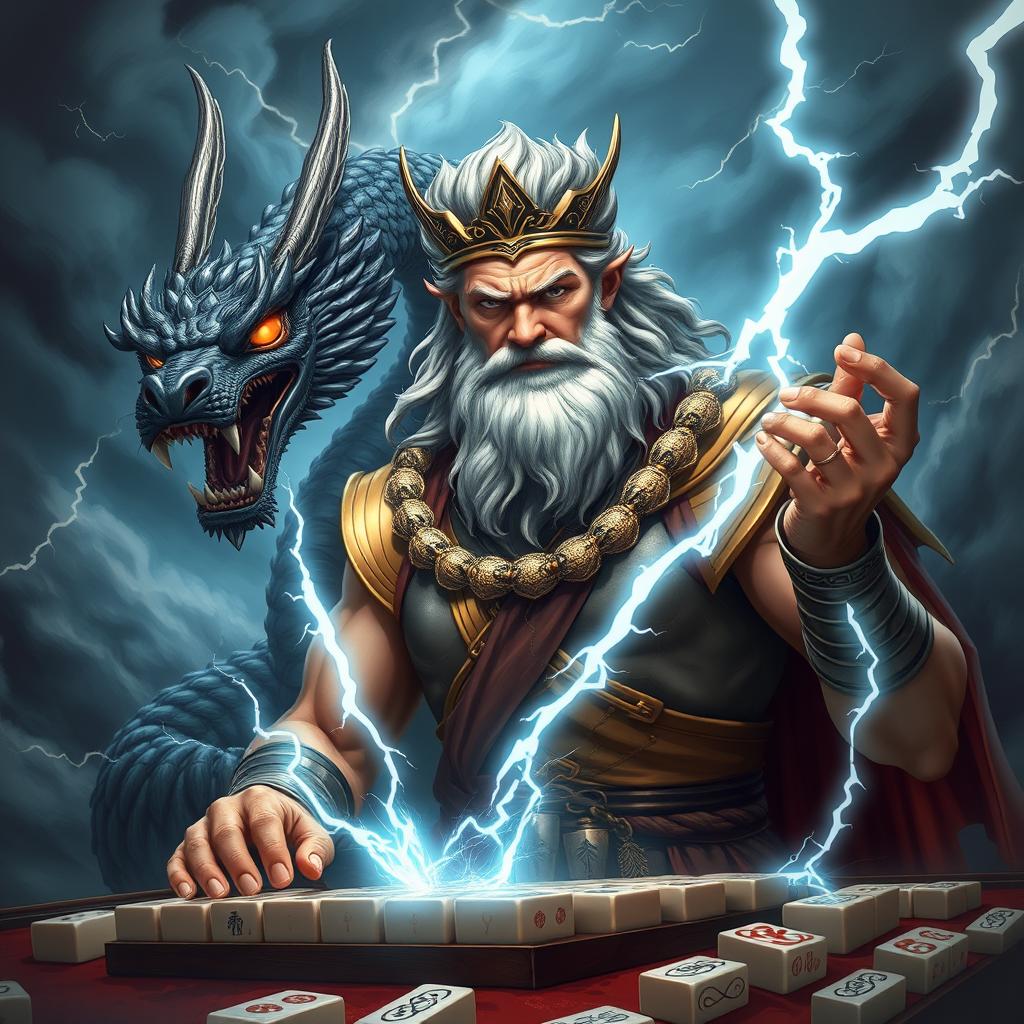 An epic scene of Zeus, the Greek god of thunder, summoning lightning with a thunderous expression as he prepares to play mahjong