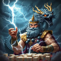 An epic scene of Zeus, the Greek god of thunder, summoning lightning with a thunderous expression as he prepares to play mahjong