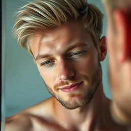 A detailed image of a blonde man reflected in a wet mirror, with his eyes half-closed in a sleepy manner and a subtle smile on his face