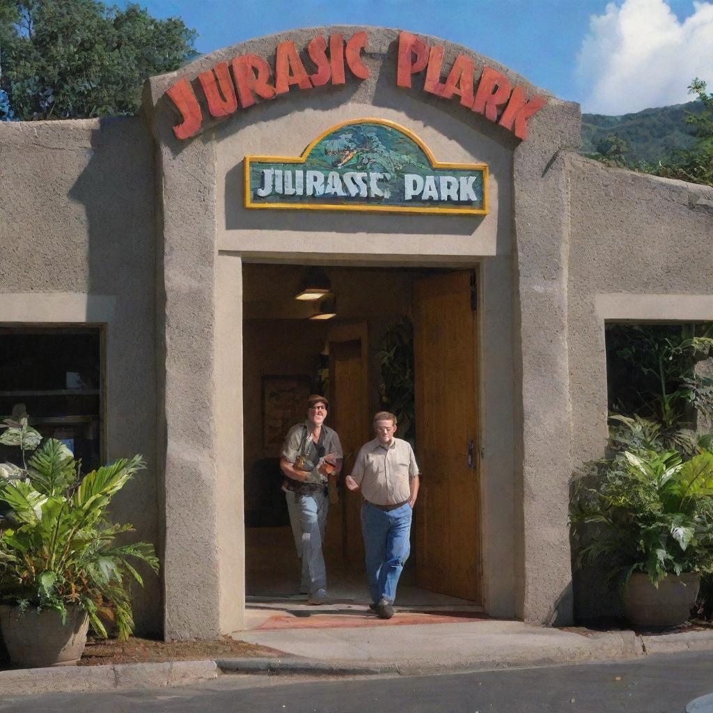 Craft an image of the next day's arrival of Denis Nedry, a conspicuously shifty character, approaching the bright, welcoming facade of the Jurassic Park Visitor Center.