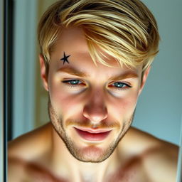 A detailed image of a blonde man reflected in a wet mirror, with his eyes half-closed in a sleepy manner and a subtle smile on his face