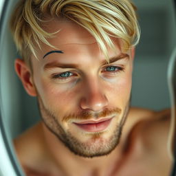 A detailed image of a blonde man reflected in a wet mirror, with his eyes half-closed in a sleepy manner and a subtle smile on his face
