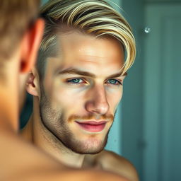A captivating image of a 28-year-old blonde man reflected in a wet mirror, with his eyes half-closed as if he just awoke from sleep