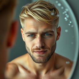 A captivating image of a 28-year-old blonde man reflected in a wet mirror, with his eyes half-closed as if he just awoke from sleep