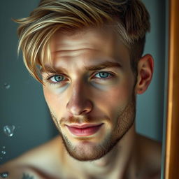 A captivating image of a 28-year-old blonde man reflected in a wet mirror, with his eyes half-closed as if he just awoke from sleep