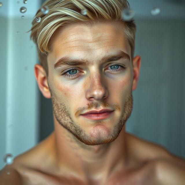 A captivating image of a 28-year-old blonde man reflected in a wet mirror, with his eyes half-closed as if he just awoke from sleep