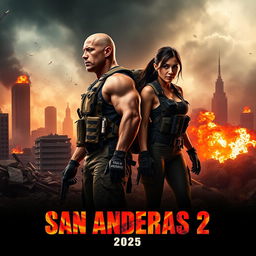 An explosive teaser poster for 'SAN ANDREAS 2', featuring Dwayne Johnson in a heroic pose alongside Megan Fox, who embodies resilience and determination