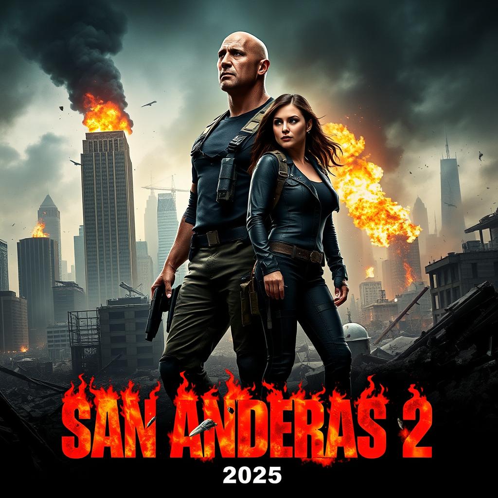 An explosive teaser poster for 'SAN ANDREAS 2', featuring Dwayne Johnson in a heroic pose alongside Megan Fox, who embodies resilience and determination